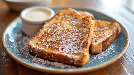 Melba Toast Day Delicious french toast with powdered sugar and syrup on blue plate for breakfast delight