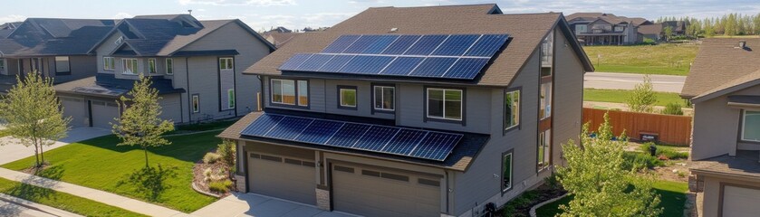 Fototapeta premium Modern house featuring solar panels on the roof in a sunny setting.
