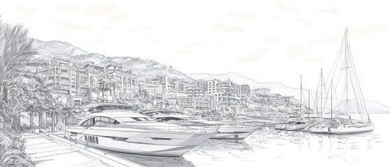 Detailed pencil sketch of a luxury marina with modern yachts and sailboats against a backdrop of hillside apartments and palm trees. Generative AI