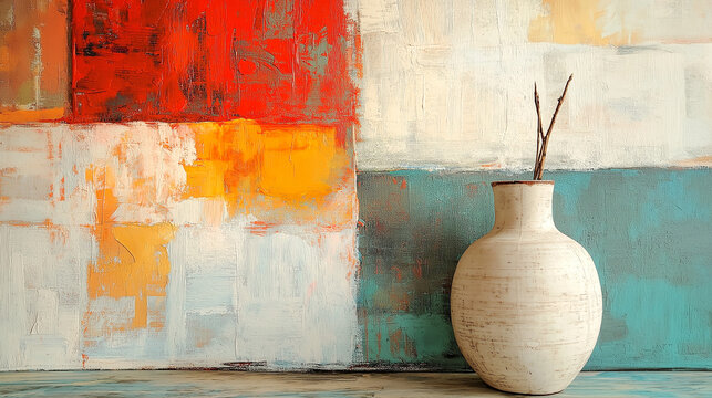 mixed colors wall and beige vase on the floor