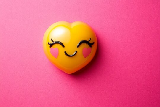 A heart-shaped yellow emoji featuring a cheerful expression with a pink background, symbolizing happiness and love in a playful cartoon style design.