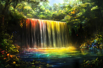 waterfall with radiant streams of light cascading into a neon pool, symbolizing renewal
