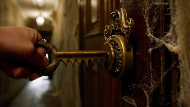 Mysterious Key Unlocks an Ancient Door in a Dimly Lit Hallway Filled With Cobwebs