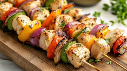 Grilled chicken skewers with colorful vegetables on wooden platter - perfect for summer barbecue and outdoor feasting