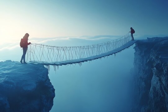 Fototapeta Two adventurous individuals cautiously traverse a daring rope bridge high above a vast, misty abyss, exemplifying the thrill and wonder of exploration and discovery.