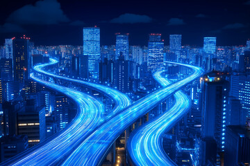 Fototapeta premium vibrant cityscape at night featuring illuminated highways and skyscrapers, showcasing dynamic flow of light and energy. scene captures essence of urban life and technology