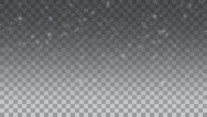 Realistic falling snow with snowflakes. Winter transparent background. Frost storm effect, snowfall, ice. Vector
