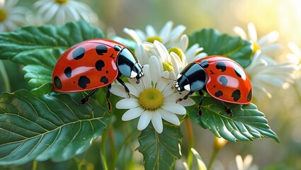 Fototapeta premium Ladybugs on Daisies: A Vibrant Summer Garden Scene
