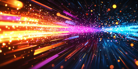 Naklejka premium Futuristic data transfer concept with glowing particles and vibrant colors, depicting speed and technology in dynamic visual