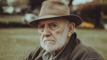 Close-up portrait of a senior man with a serious expression, wearing a fedora hat, outdoors.