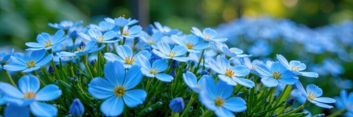 Fototapeta premium Large patch of small blue flowers in garden bed, dense bloom, flower patches