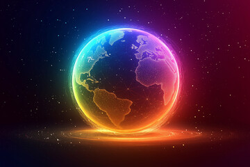 Naklejka premium vibrant globe representing global connectivity with glowing data points, showcasing colorful and dynamic world. image evokes sense of unity and technological advancement