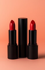 Collection of lipstick tubes in varying shades of red, displayed against a matching backdrop.