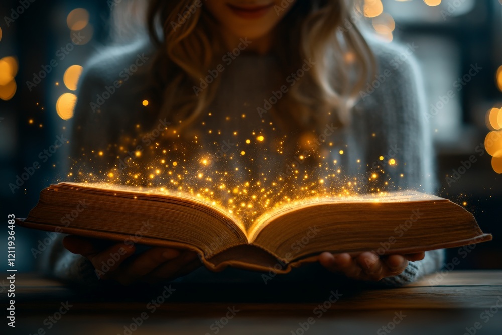 Poster An enchanting image of an open book emitting golden sparkles, symbolizing the magic and wonder of stories and imagination against a blurry background.