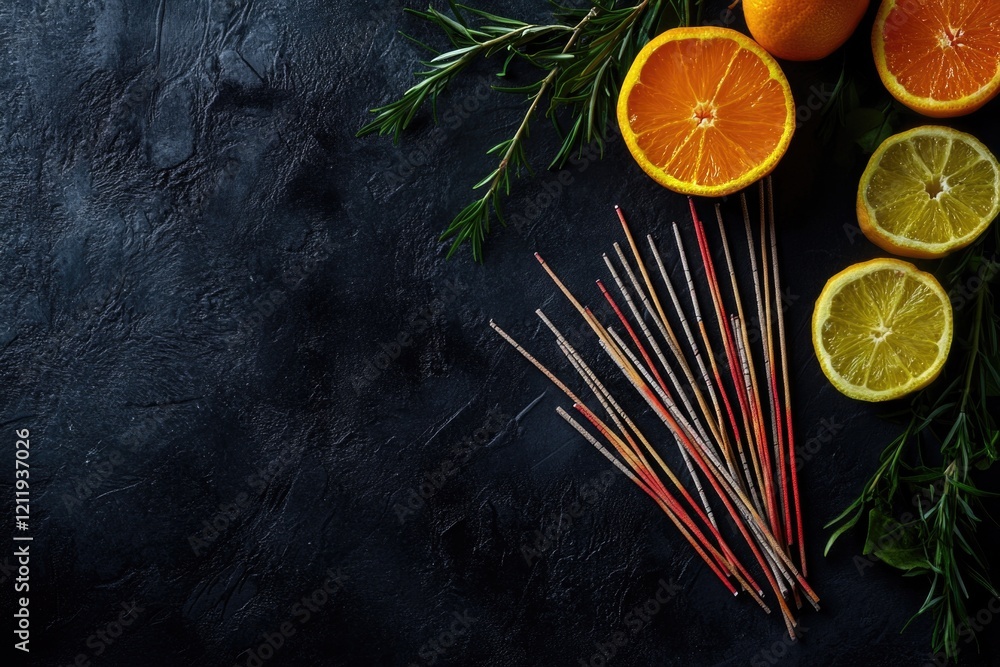 Poster a still life composition featuring a cluster of sticks sitting alongside oranges and lemons