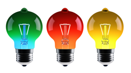 Colorful Light Bulbs on Transparent Background, Set of vibrant red, green, and yellow light bulbs with visible filaments, isolated on a transparent background. Perfect for design and advertising.