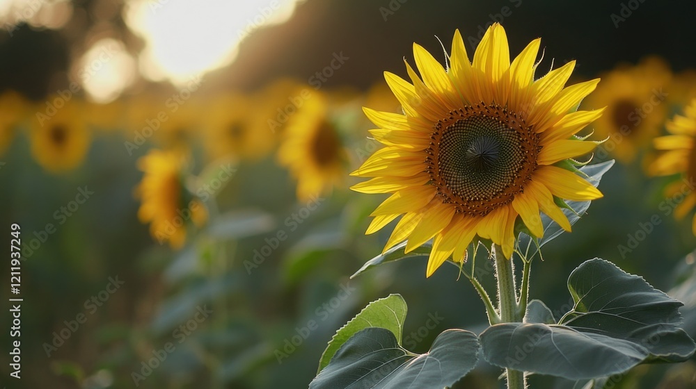 Poster a sunny day scene with a field of tall sunflowers facing west as the sun sets behind them