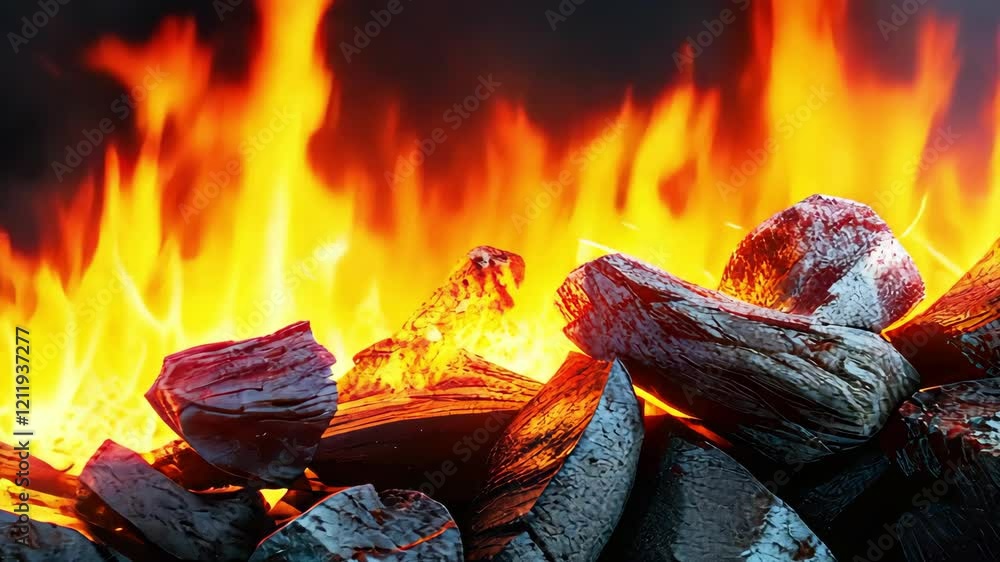 Poster raging fire illuminates rugged rocks, creating an intense atmosphere with dynamic motion and vivid c