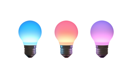 Set of blue, pink, and purple gradient smart light bulbs glowing softly, isolated on a transparent background. Ideal for creative projects.