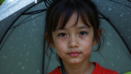 Close-up portrait of child under umbrella with rain emphasizing emotion and intimacy