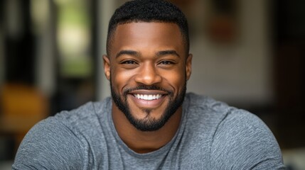 Smiling african male adult in gray shirt indoors