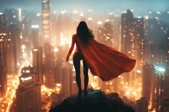 A powerful female superhero gazes over a sprawling urban cityscape at night, her vibrant cape flowing dramatically in the wind, exuding strength and determination. - Powered by Adobe