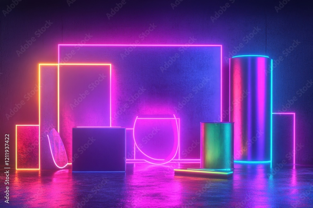 Poster vibrant neon shapes create an artistic display in a dark studio setting