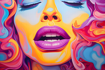 Woman's mouth with colorful lips and a smile in the style of psychedelic pop art poster