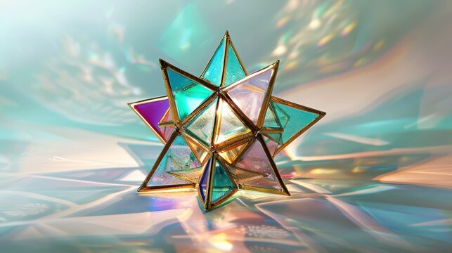 A star-shaped Ramadan fanus with turquoise, gold, and purple glass panels, casting vibrant reflections and creating a colorful, festive ambiance.