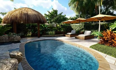 Tranquil outdoor pool surrounded by lush tropical garden with thatched roof and comfy lounge chairs on a sunny day inviting relaxation and escape in a serene atmosphere