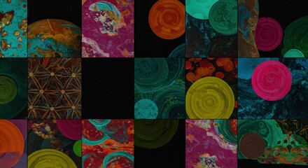 Abstract Art Collage: A mesmerizing patchwork of vibrant colors and textures, swirling in an abstract collage on a black background. Each square reveals a unique blend of shapes and patterns.