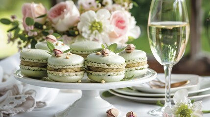 National Macaron Day Elegant spring table arrangement with pistachio macarons and floral decoration