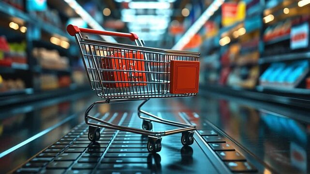 Shopping Cart on Keyboard:  A miniature shopping cart sits on a laptop keyboard, symbolizing the merging of the physical and digital worlds in modern e-commerce.