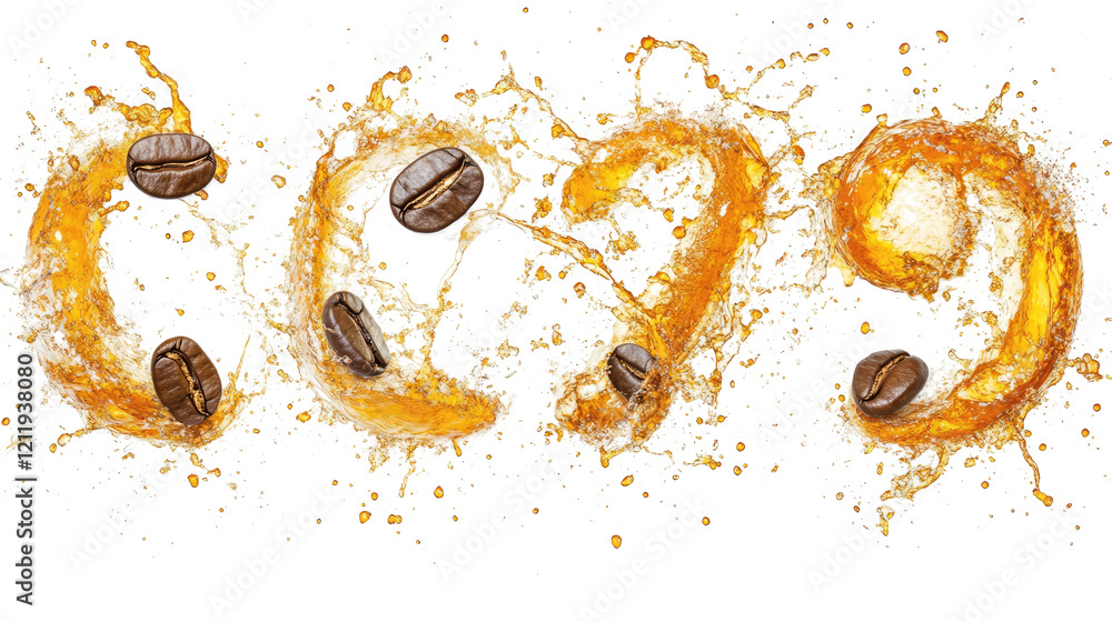 Poster roasted coffee beans splashing in a dynamic display generative ai