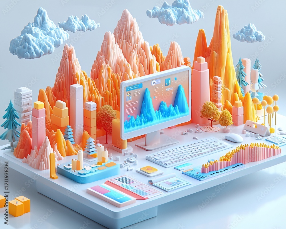 Poster stylized 3d desktop scene with mountains, city, and data visualizations.