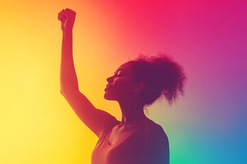 A silhouette of a woman raising her fist against a vibrant gradient background, symbolizing empowerment, strength, and the uplifting spirit of unity and freedom.