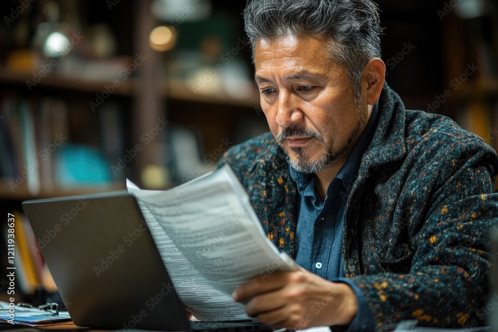 Poster A person using a laptop at a table, possible work or study setting