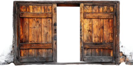 Old wooden double doors weathered by time, standing open against a blank background