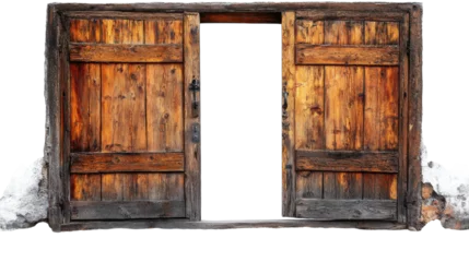 Wall murals Old wooden double doors weathered by time, standing open against a blank background