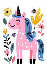 Cute cartoon unicorn with mane and horn illustration on blossom background. Card and shirt design