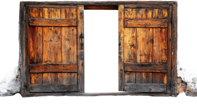 Old wooden double doors weathered by time, standing open against a blank background