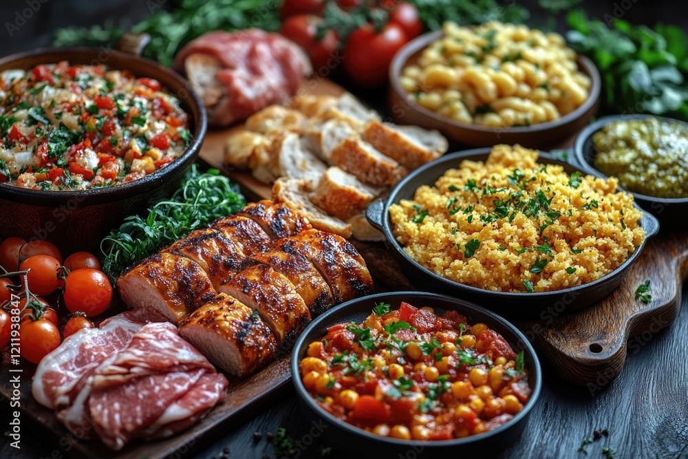 Poster a table topped with various types of food