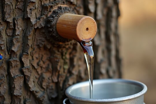 A close-up of a tree tap dripping clear maple sap into a metal bucket. The bark texture of the tree is detailed, and sunlight highlights the scene