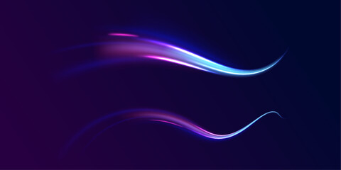 Light trail wave, fire path trace line, car lights, optic fiber and incandescence curve twirl. Big data traffic visualization, dynamic high speed, png, effect. Vector glowing lines air flow effect. 