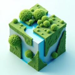 3D Geometric Nature Fusion
Cubic structures merging with natural elements like trees, plants, and flowing water, emphasizing harmony between technology and nature.