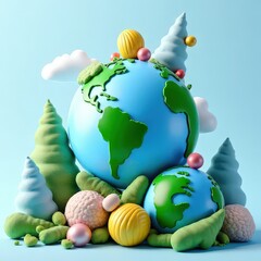 A surreal concept combining inflatable earth globes or spheres with whimsical, colorful accents for travel or environmental themes.

