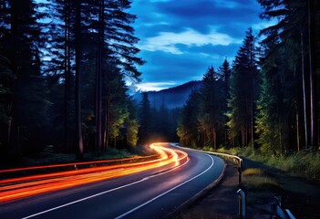 Fototapeta premium A winding road that travels through a dense forest during the night