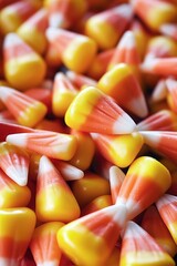 A colorful pile of candy corn sits on a table, perfect for parties or celebrations