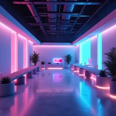 Futuristic Abstract Workspace A blend of minimalist furniture and neon geometric elements, suitable for technology-focused presentations.