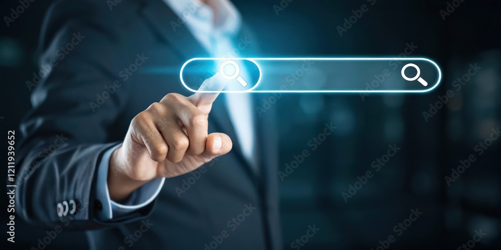Poster businessman interacting with a futuristic virtual interface searchbar for digital data management